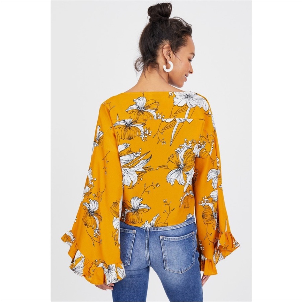 Yellow Floral Tie Front Crop Top - Bell Sleeves - Picture 2 of 3